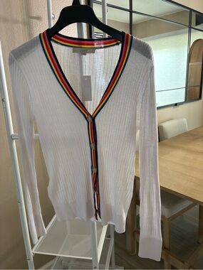 LOFT White Ribbed V-Neck Cardigan with Rainbow Stripe Trim